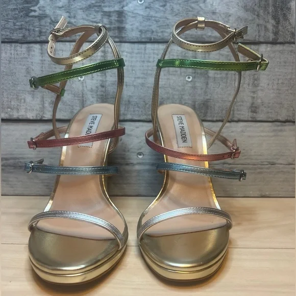 STEVE MADDEN NWT Jubliant Rainbow Metallic Strappy Buckle Detail Dress Sandals - Picture 6 of 12